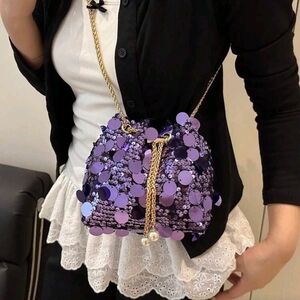 Elegant Purple Sequin Bucket Bag With Chain Strap
